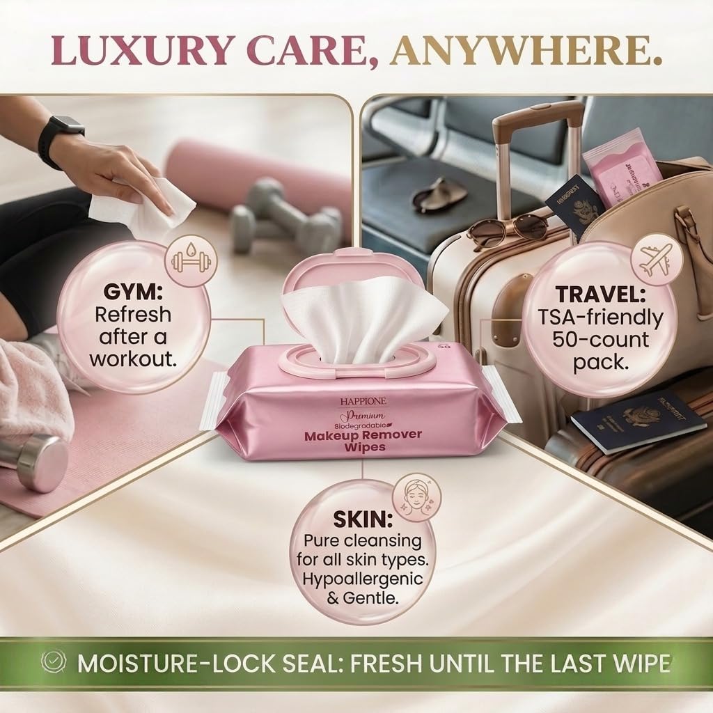 HAPPIONE wipes staged on nightstand in bathroom showing nightly routine placement