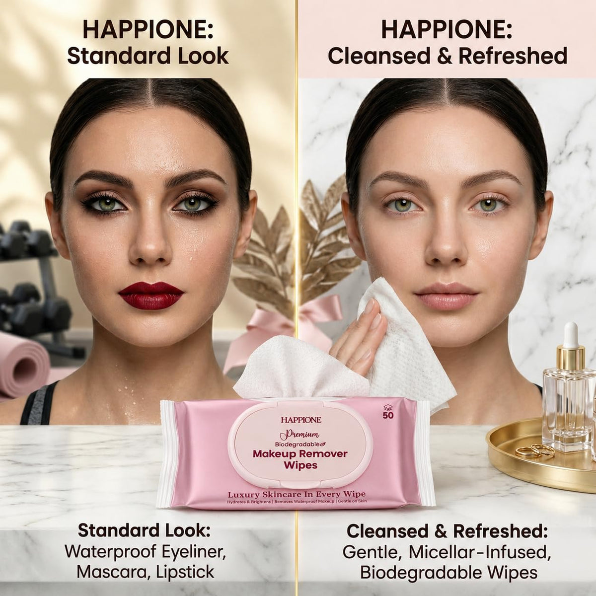 HAPPIONE wipes next to a hand to show compact size and travel convenience