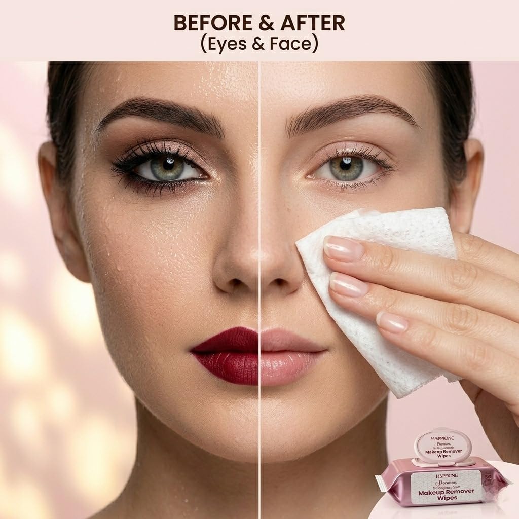 HAPPIONE wipe in hand removing makeup to show quick cleanup and minimal rubbing