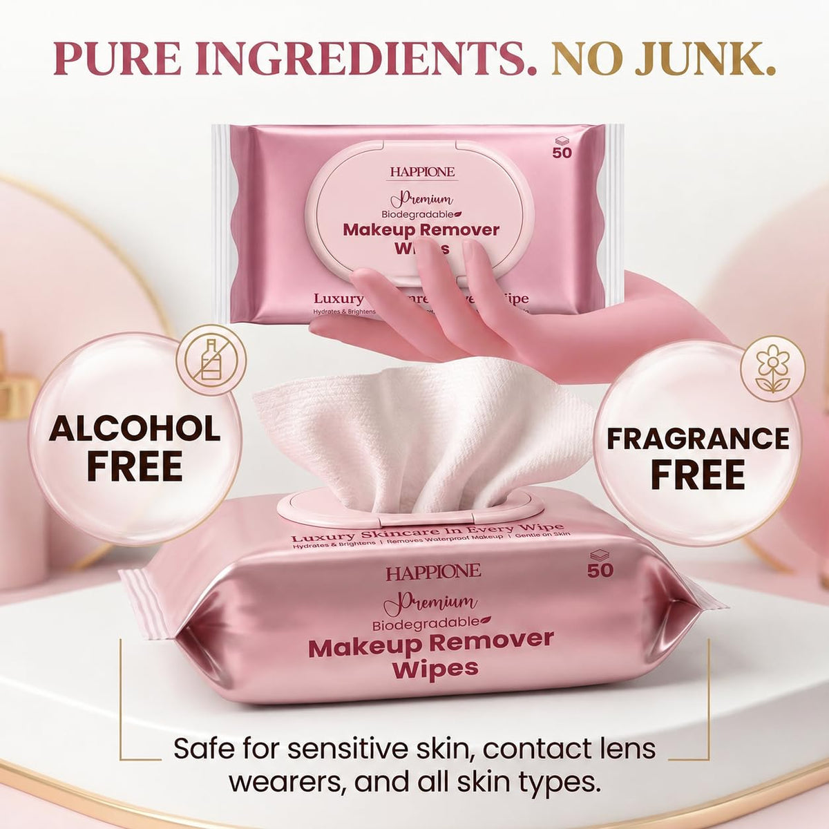 HAPPIONE open pack with single wipe pulled out illustrating sealed freshness