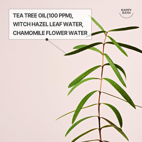 HAPPY BATH label highlighting witch hazel and calming benefits