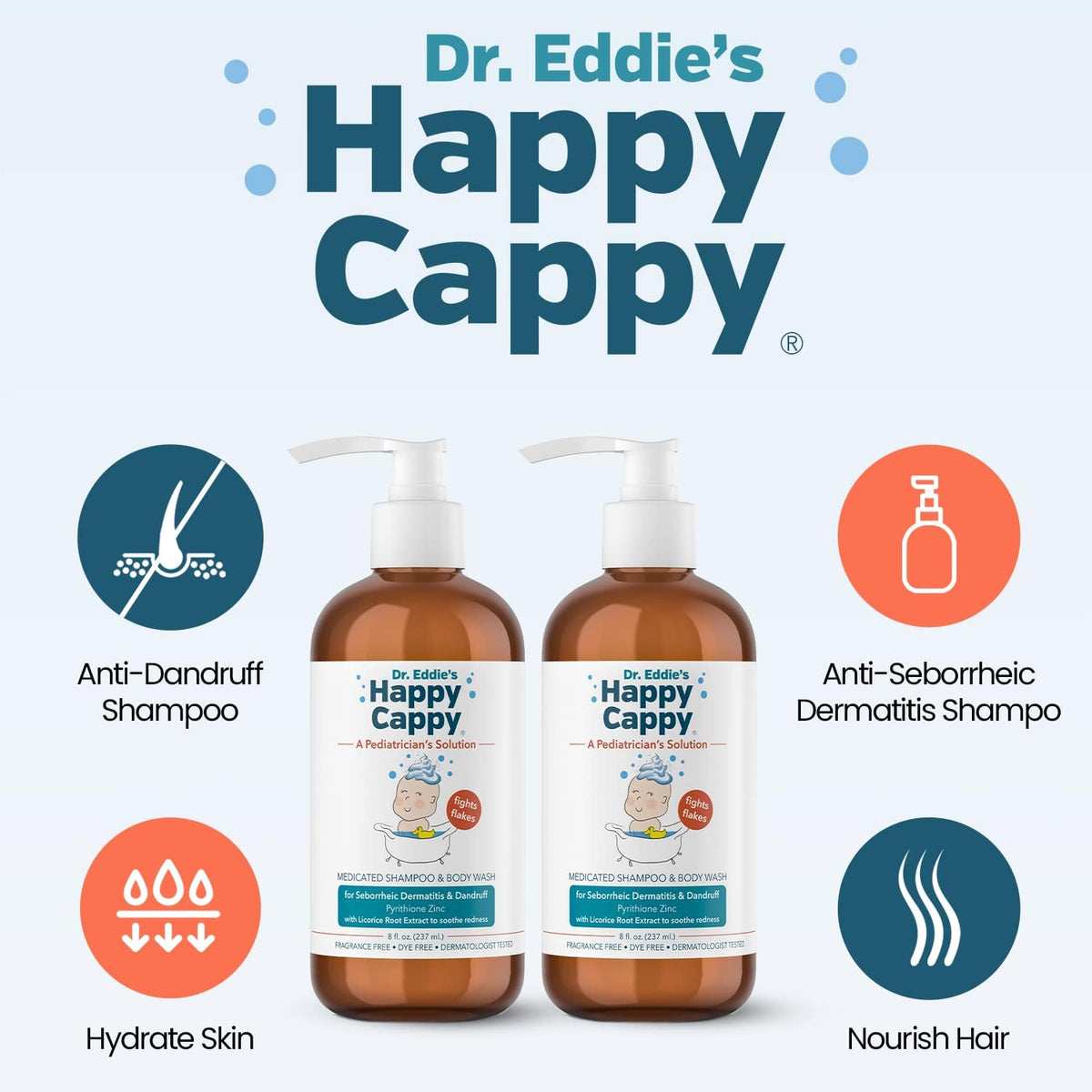 Happy Cappy 8 fl oz bottle close-up with pump, easy dispensing for caregivers