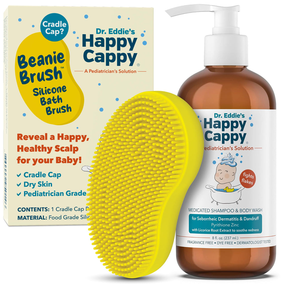 Happy Cappy front packaging showing cleanser and beanie brush for gentle scalp care