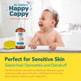 Happy Cappy in-bath use on infant scalp illustrating safe gentle massage benefit