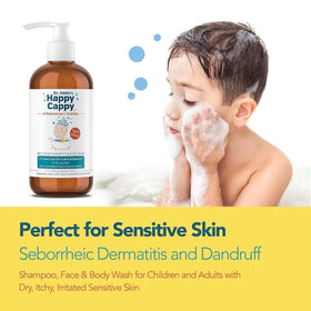 Happy Cappy bottle on nursery shelf with towel, demonstrates gentle daily use benefit