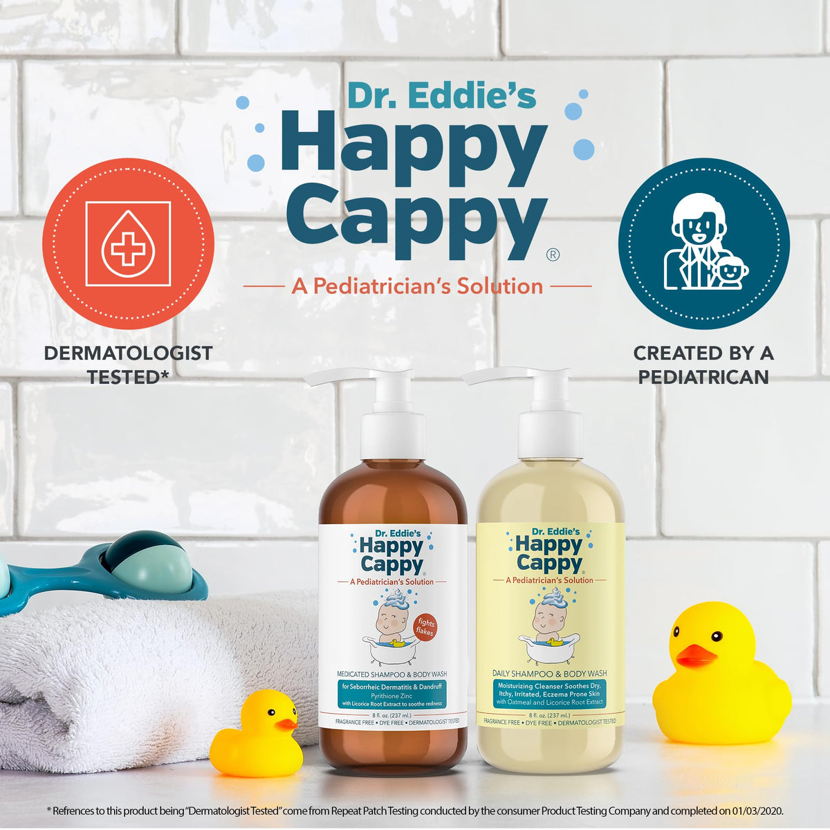 Happy Cappy pump dispensing wash into hand to show easy application and gentle lather