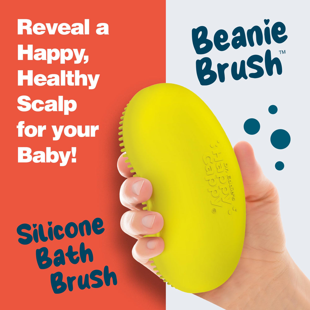 Happy Cappy size scale comparison with brush and shampoo showing family-friendly sizing
