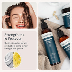 Happy Head bottles beside towel conveying convenient routine benefit