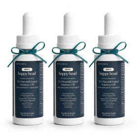 Happy Head front packaging showing three 60 mL bottles and clear label for easy regimen