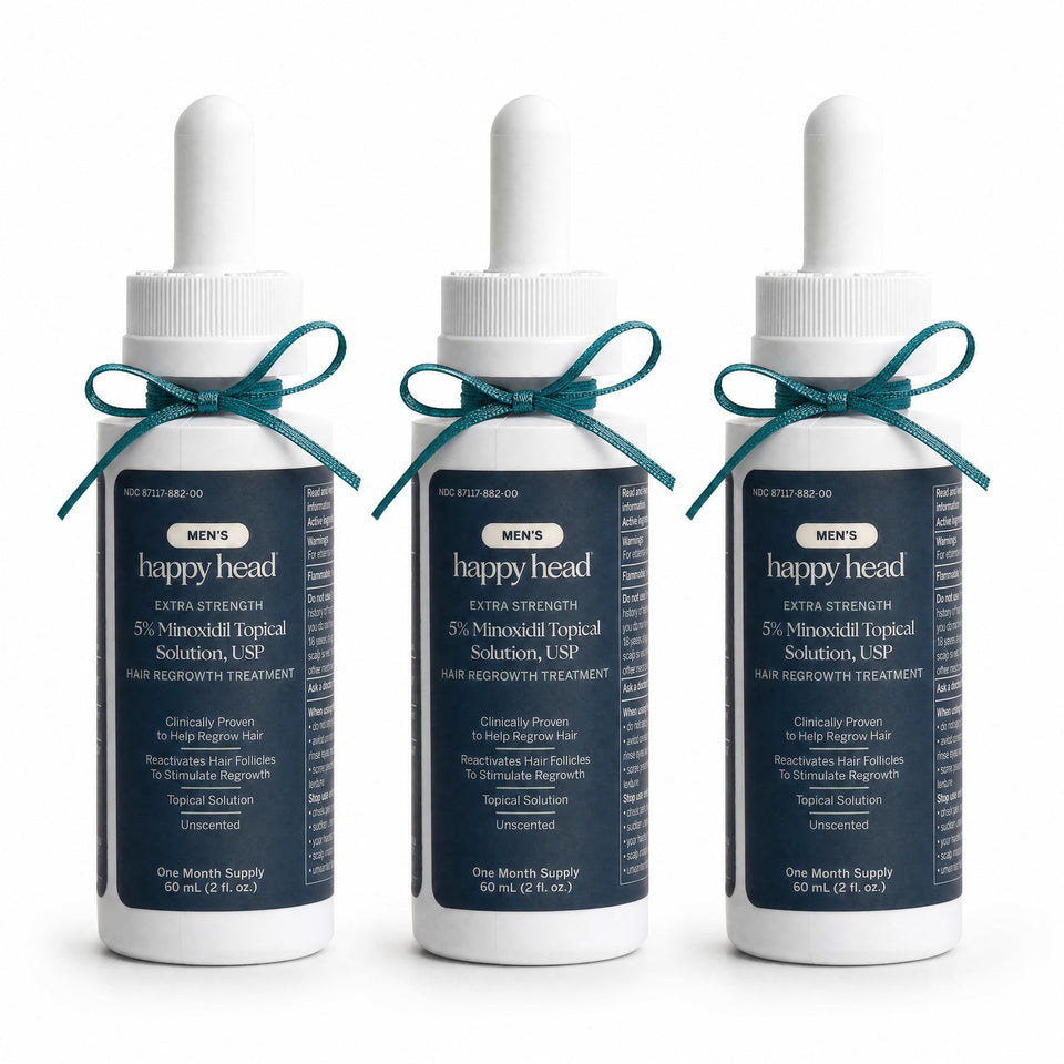 Happy Head front packaging showing three 60 mL bottles and clear label for easy regimen