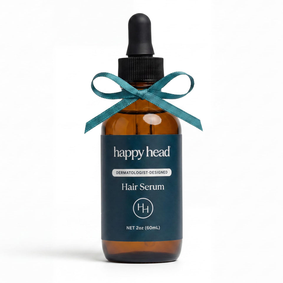 Happy Head front packaging showing 2 oz bottle and dropper, clear label benefits
