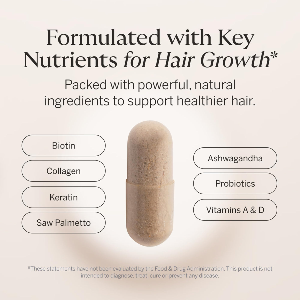 Happy Head ingredient label showing biotin, collagen, keratin benefits