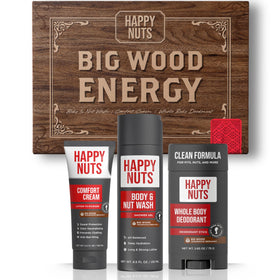 HAPPY NUTS box front view showing kit and confident grooming benefit