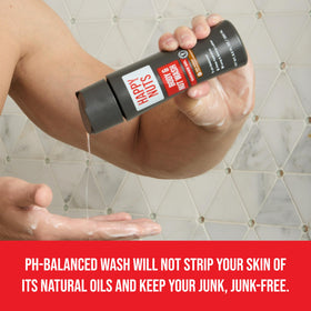 HAPPY NUTS bottle in shower being used to show practical everyday cleansing benefit