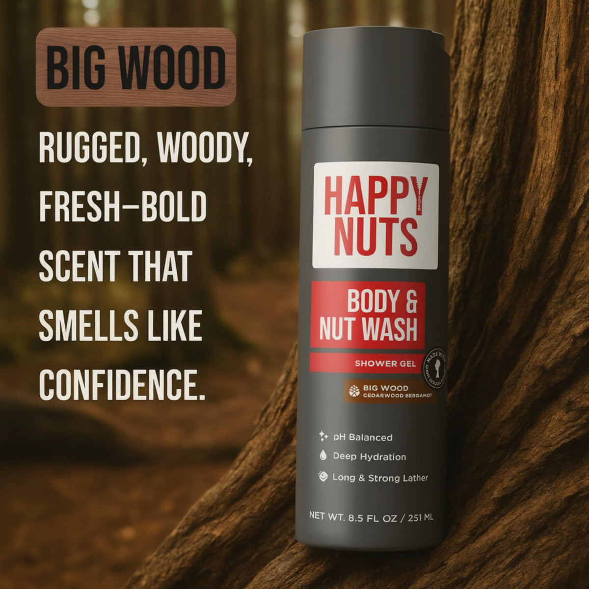 HAPPY NUTS sandalwood and vetiver visual representing the warm, masculine scent profile