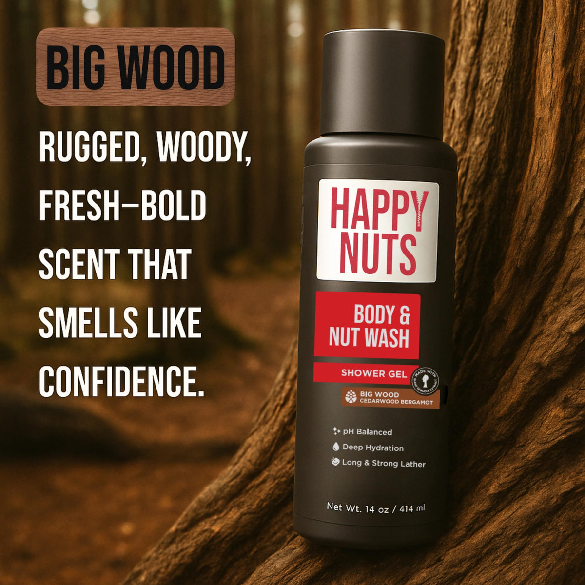 HAPPY NUTS in-use shower scene showing refreshing post-workout clean