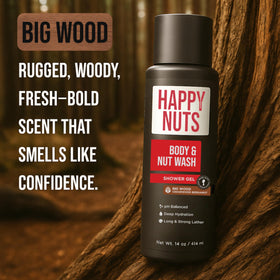 HAPPY NUTS in-use shower scene showing refreshing post-workout clean
