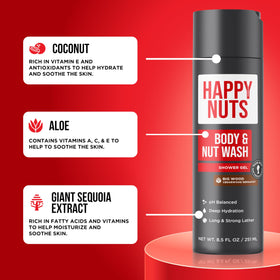 HAPPY NUTS bottle beside common items showing 8.5 fl oz scale for portion planning