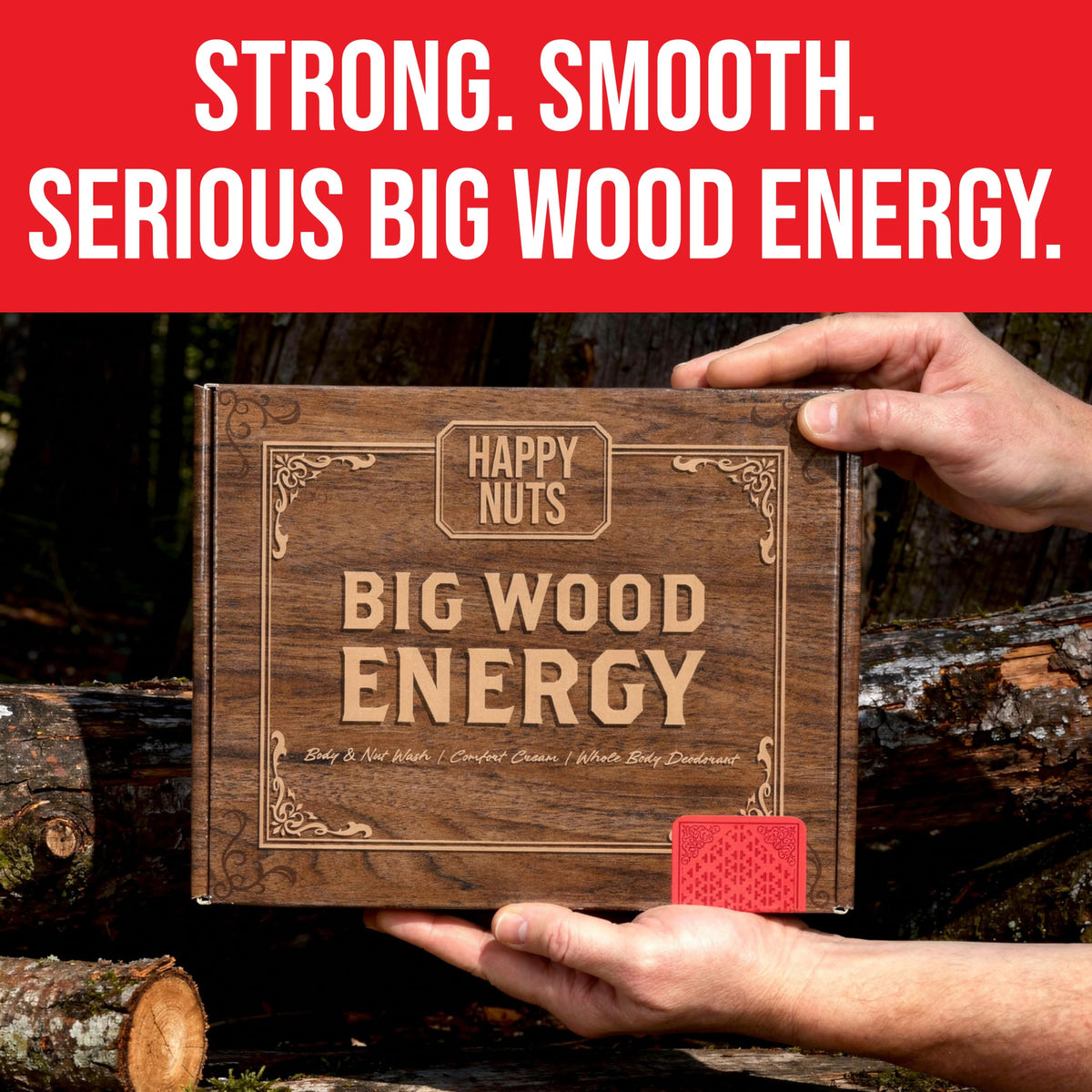 HAPPY NUTS kit contents laid out to show convenient all-in-one routine