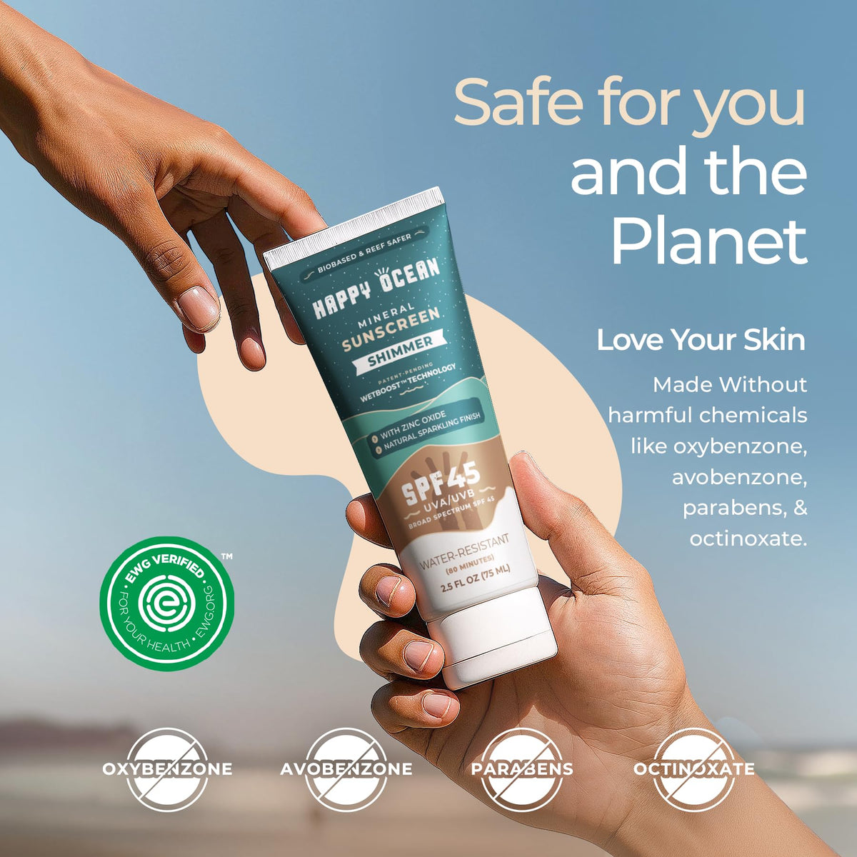Happy Ocean sunscreen applied on arm showing shimmer and protection
