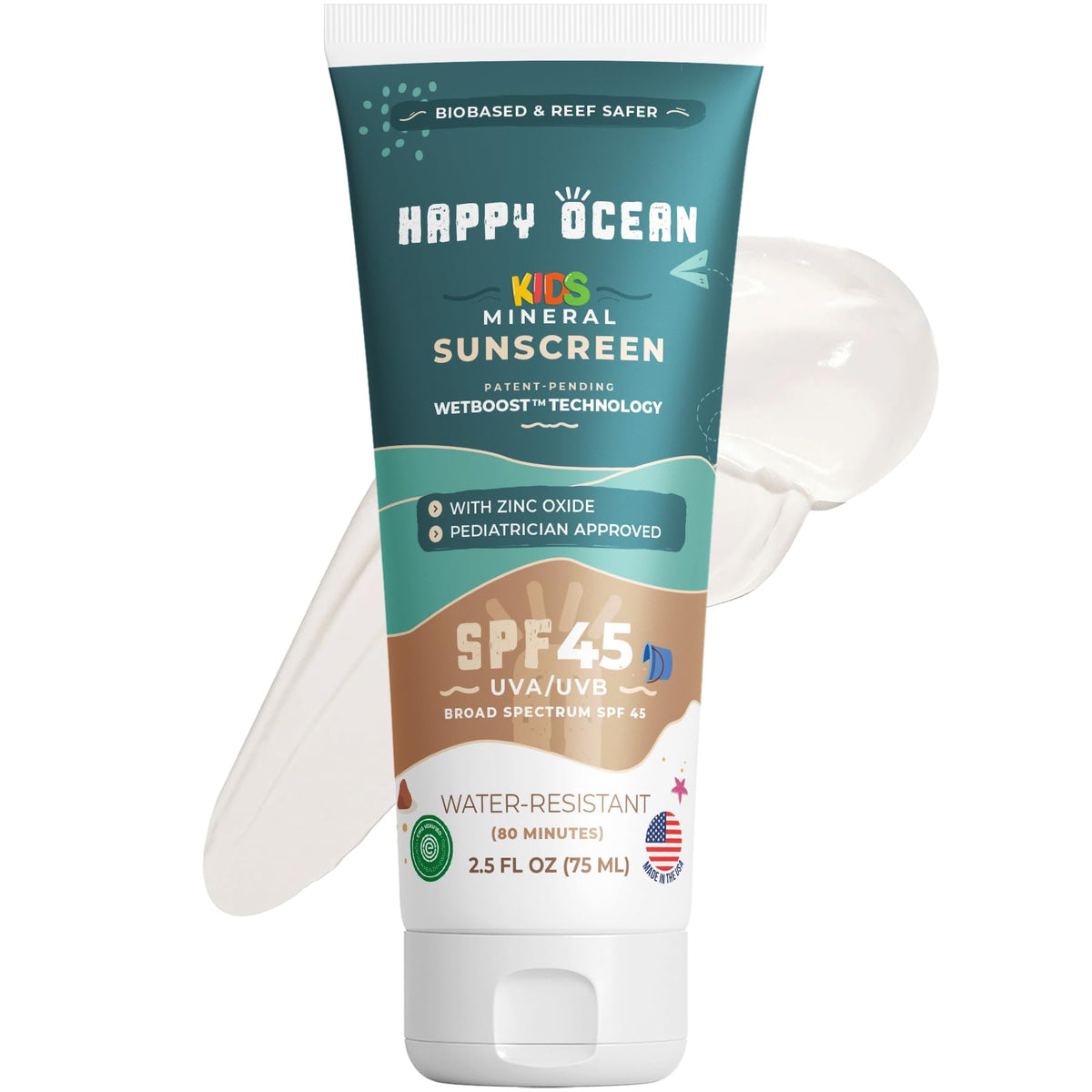 Happy Ocean front packaging showing SPF 45 and travel size benefits