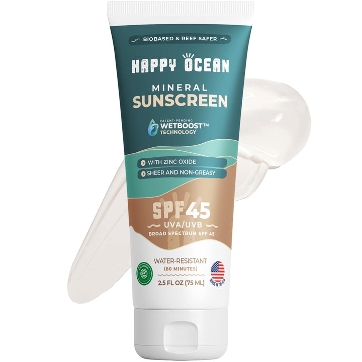 Happy Ocean front tube showing SPF 45 and reef-safe label for travel convenience
