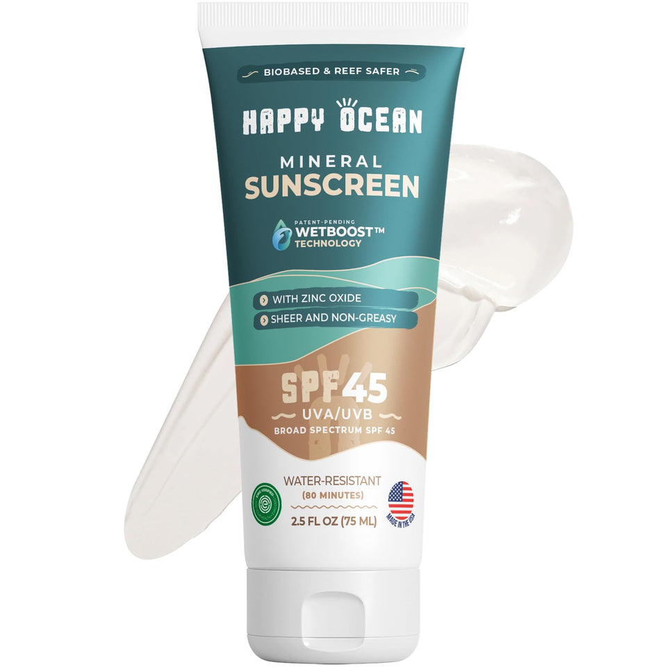 Happy Ocean front tube showing SPF 45 and reef-safe label for travel convenience