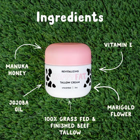 HappyFat ingredient flatlay featuring jojoba, Manuka honey, and marigold benefits
