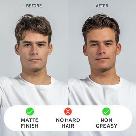 Hardworking Gentlemen styled hair close-up showing semi-matte texture and defined separation benefit