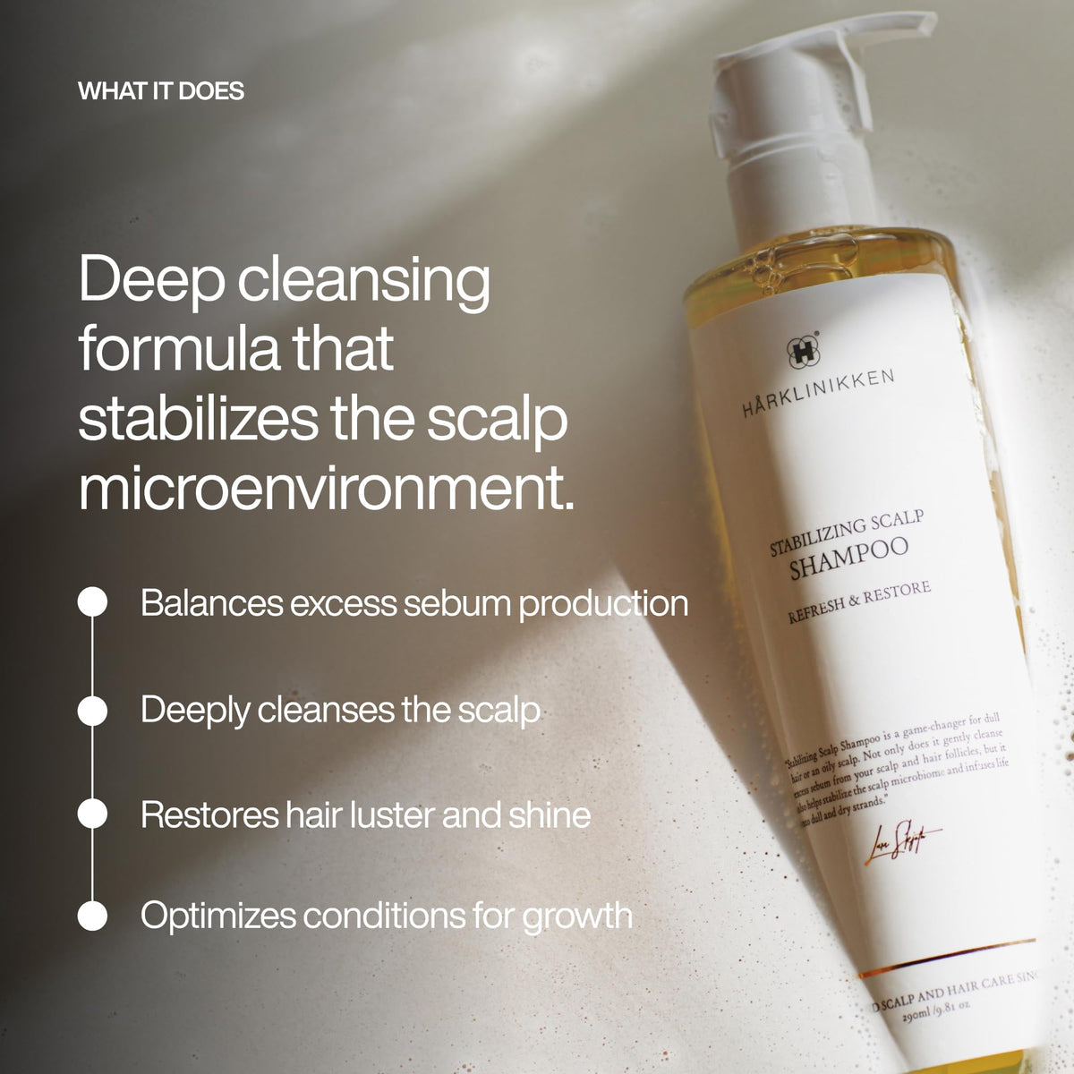 Harklinikken shampoo lather texture demonstrating gentle cleansing benefit