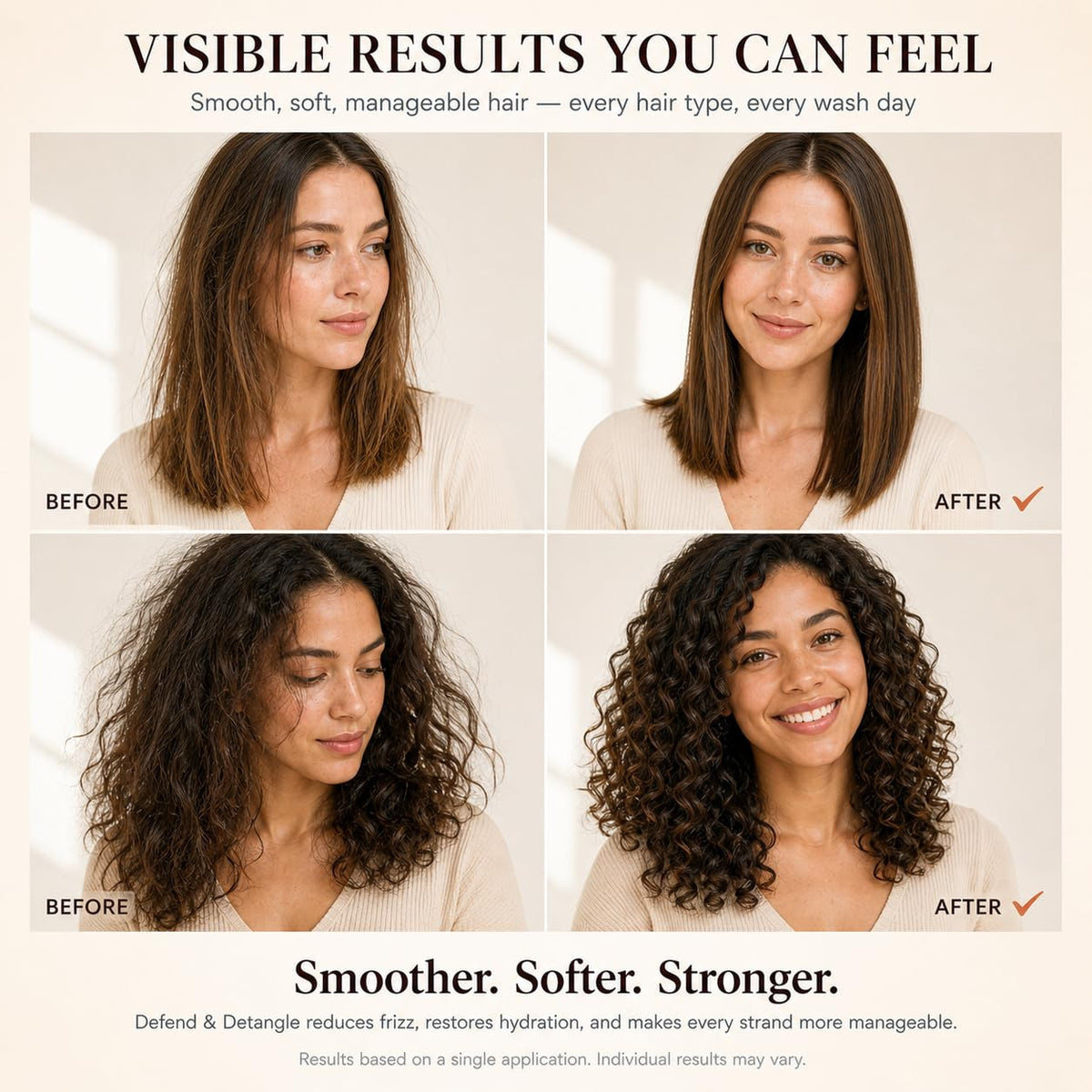 Harmonize Beauty curly hair before and after showing frizz reduction benefit