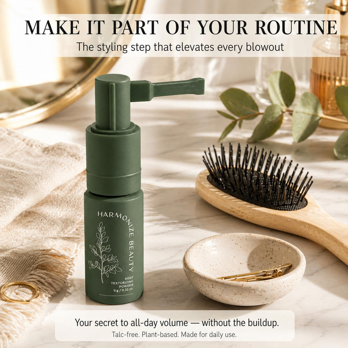 Harmonize Beauty label close-up showing talc-free ingredient benefits