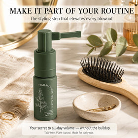 Harmonize Beauty label close-up showing talc-free ingredient benefits