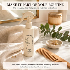 Harmonize Beauty bottle on bathroom shelf showing easy storage benefit