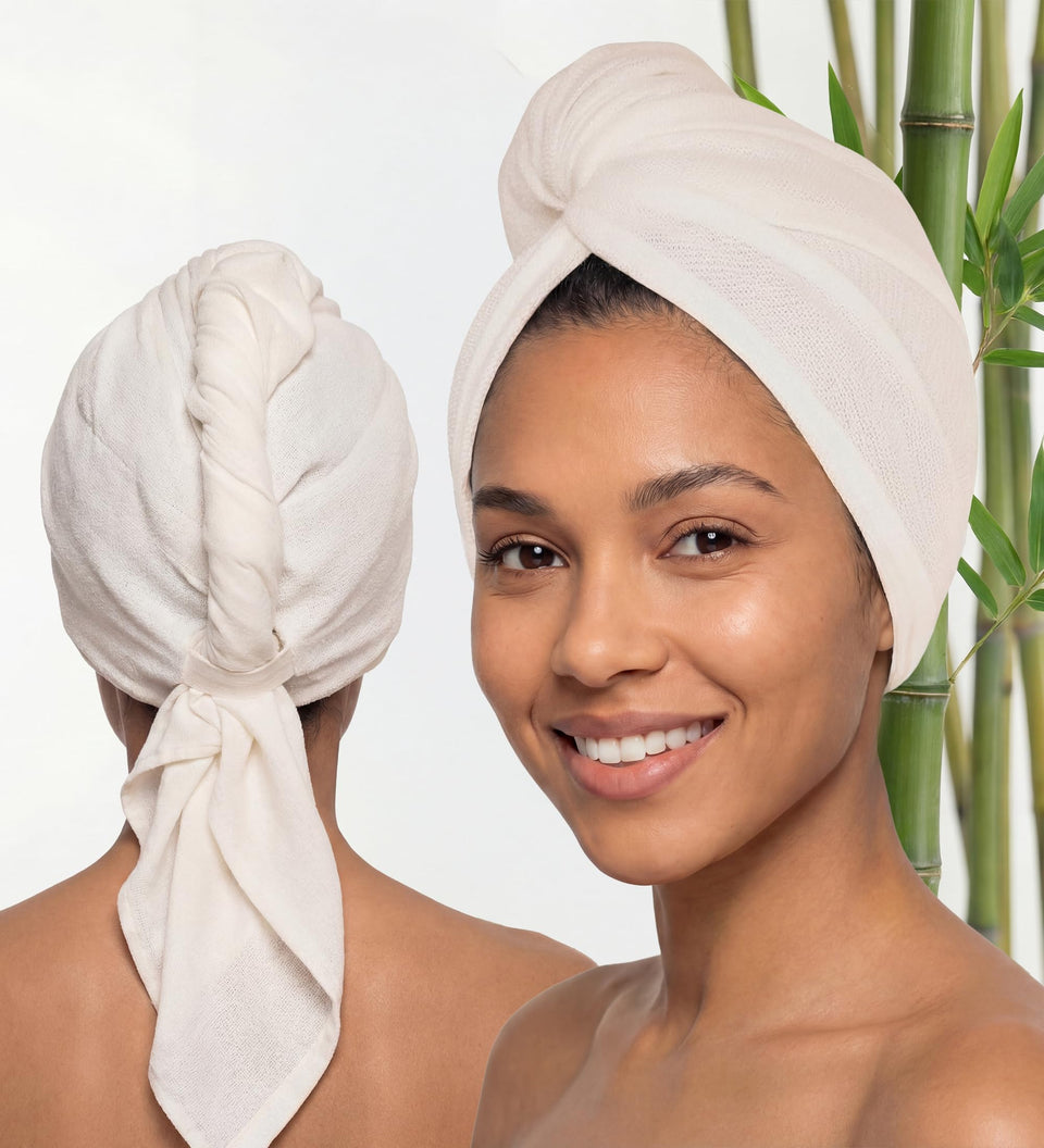 Harmony Weave front view of ivory towel wrap showing compact packaging and benefit of silky softness