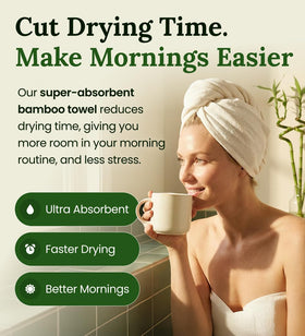 Harmony Weave towel wrapped on short hair demonstrating secure hands-free drying and convenience