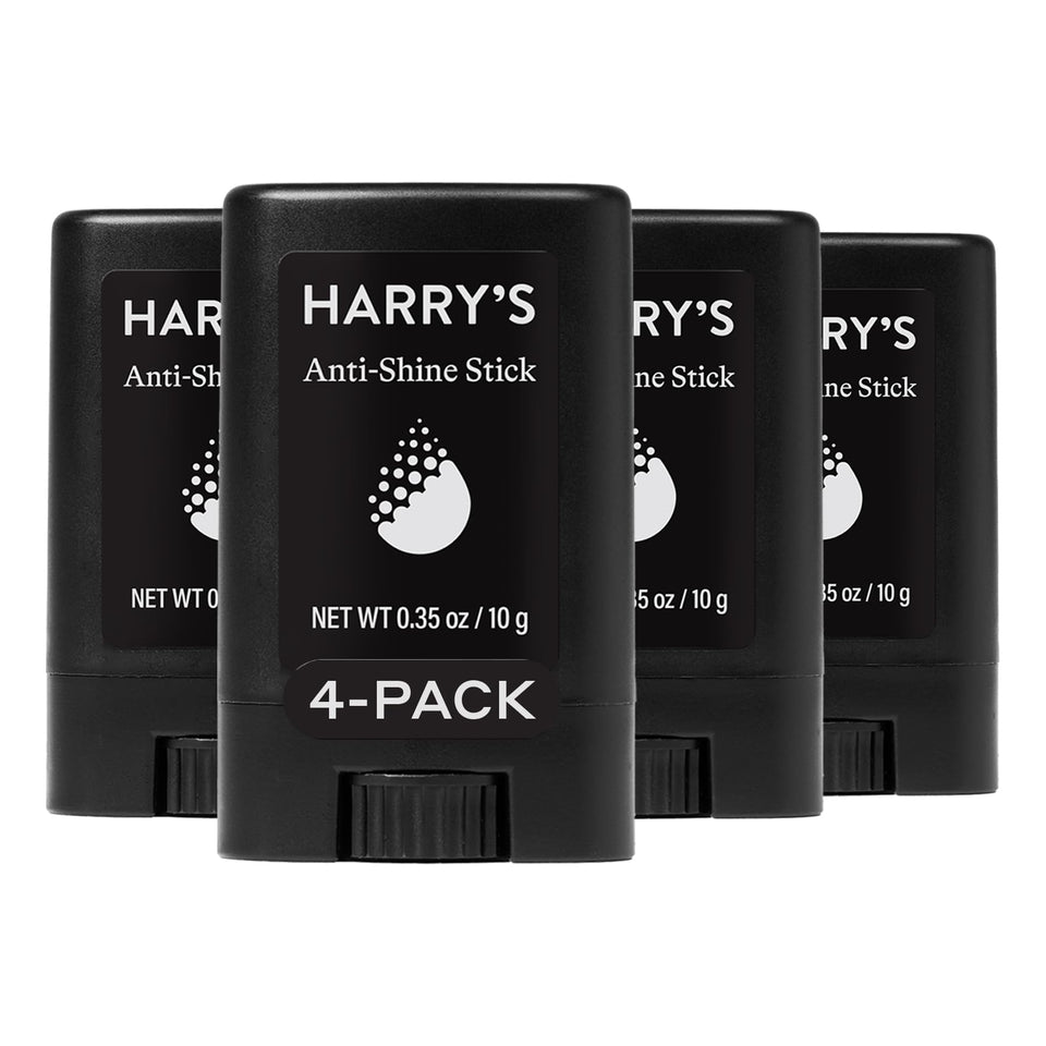 Harry's front packaging showing four anti-shine sticks and key claims