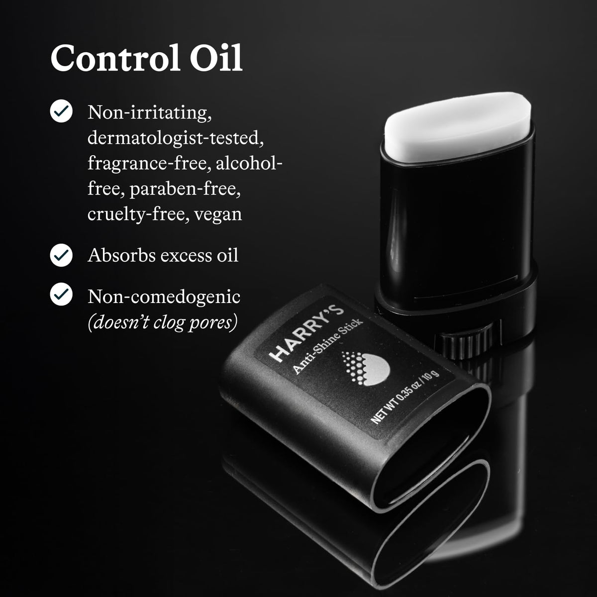 Harry's open twist-up anti-shine stick texture on applicator demonstrating easy spot application