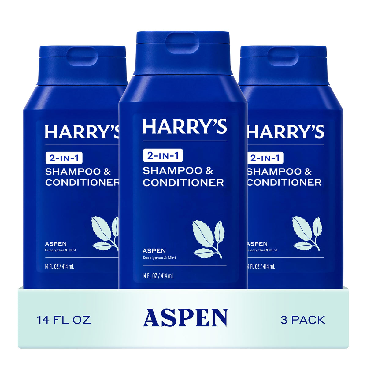 Harry's front packaging showing Aspen scent and 14 fl oz size for easy identification