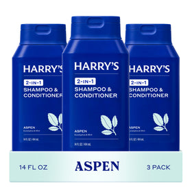 Harry's front packaging showing Aspen scent and 14 fl oz size for easy identification