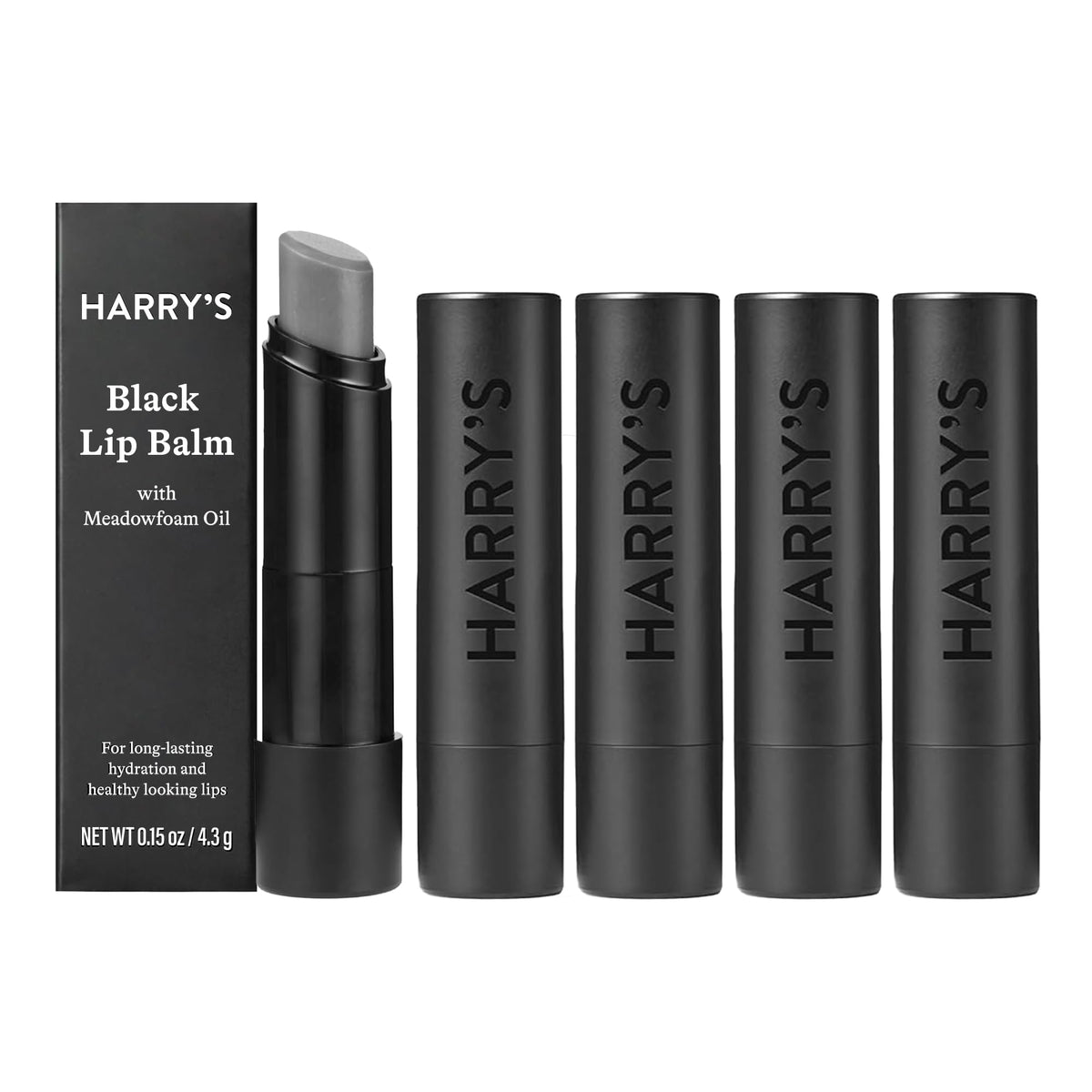 Harry's black lip balm front tube showing sleek matte design and portability