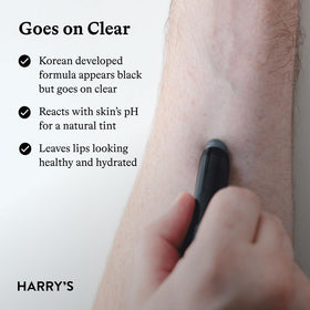 Harry's black lip balm in a men's dopp kit as a grooming routine essential