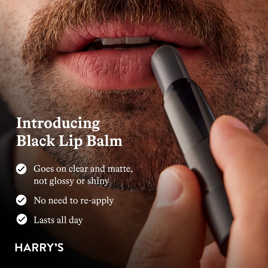 Harry's black lip balm texture close-up showing non-greasy, hydrating finish
