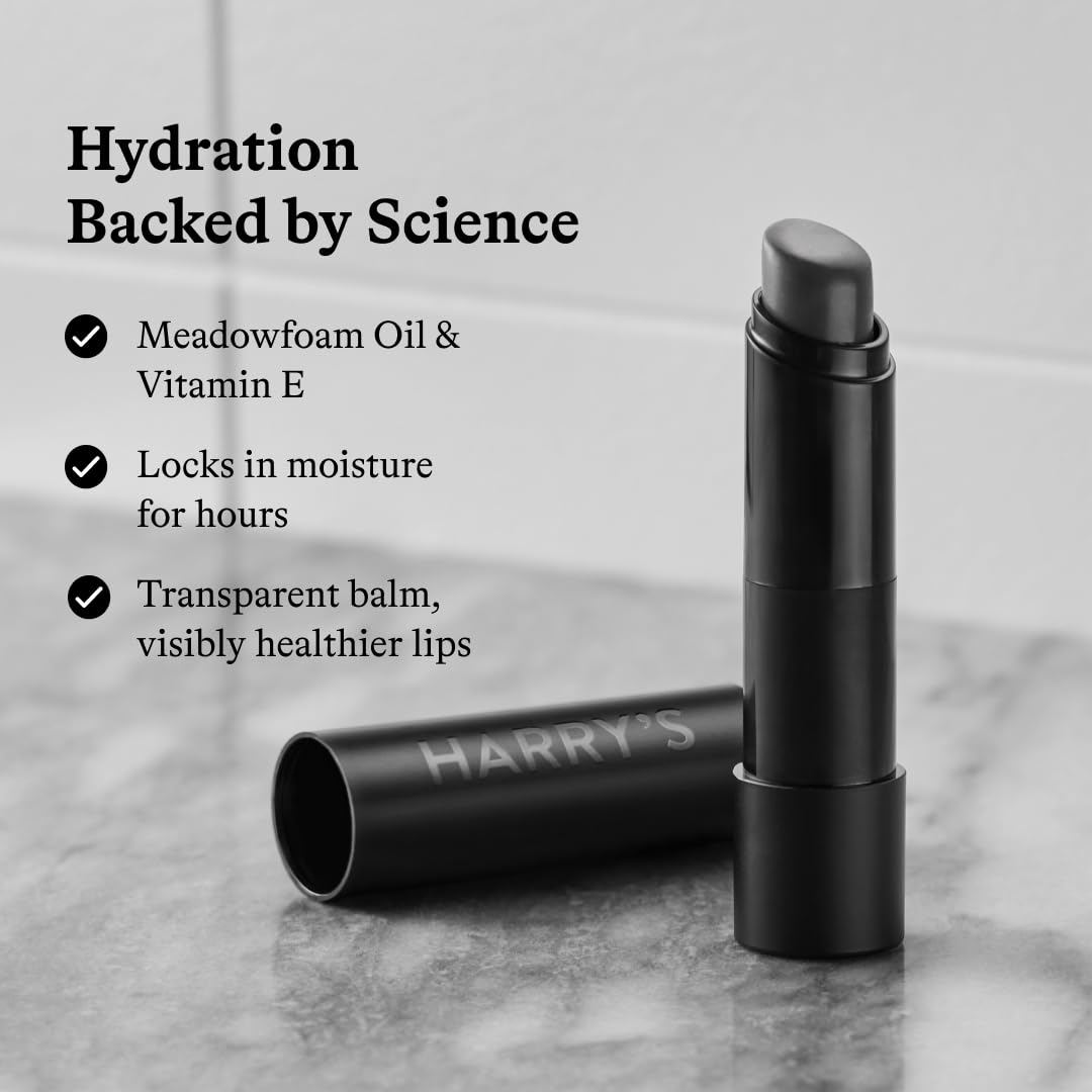 Harry's black lip balm tube cap and base detail showing durable design