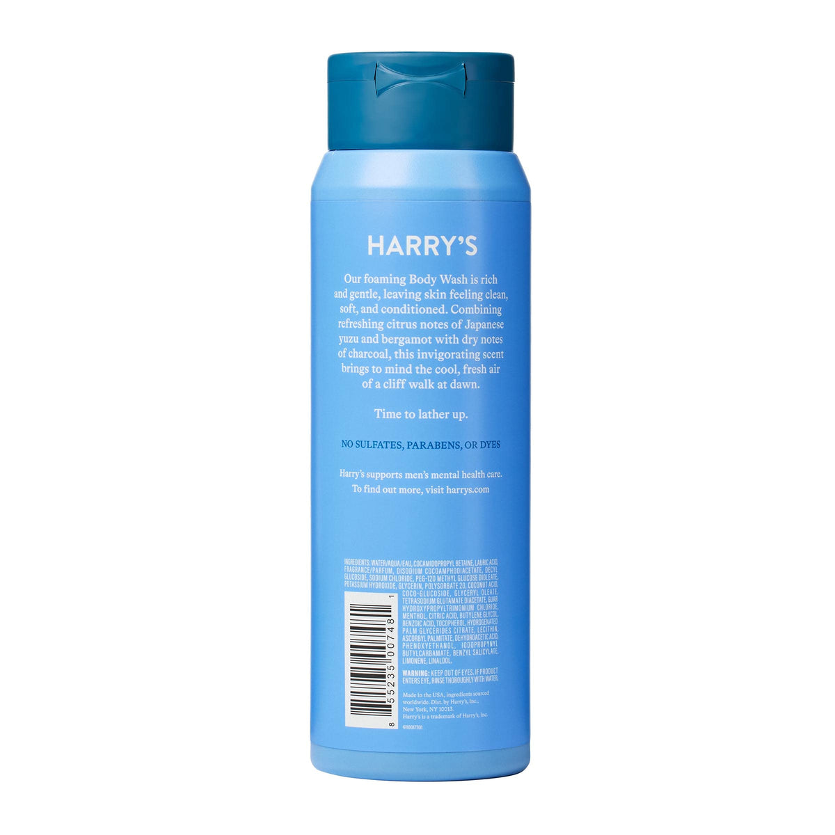 Harry's four body wash bottles lined up highlighting scent variety