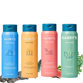 Harry's front packaging showing four bottles and clear scent variety benefits