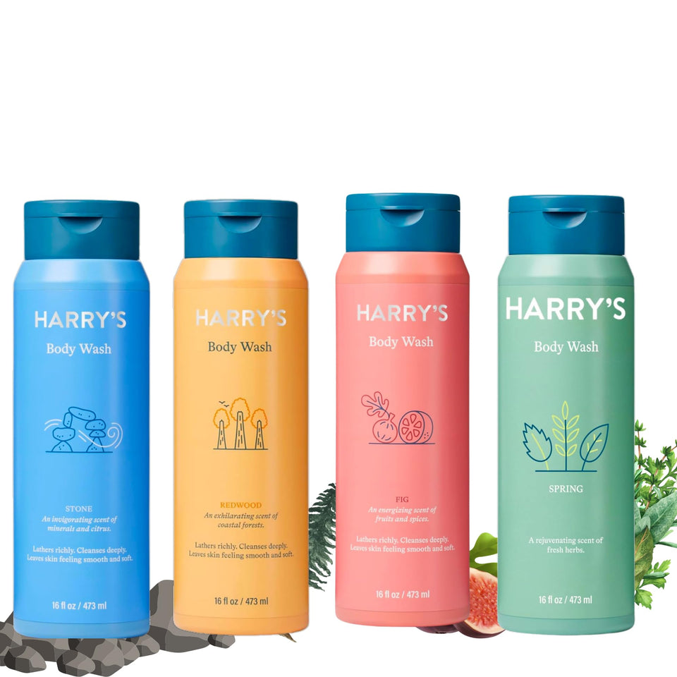 Harry's front packaging showing four bottles and clear scent variety benefits