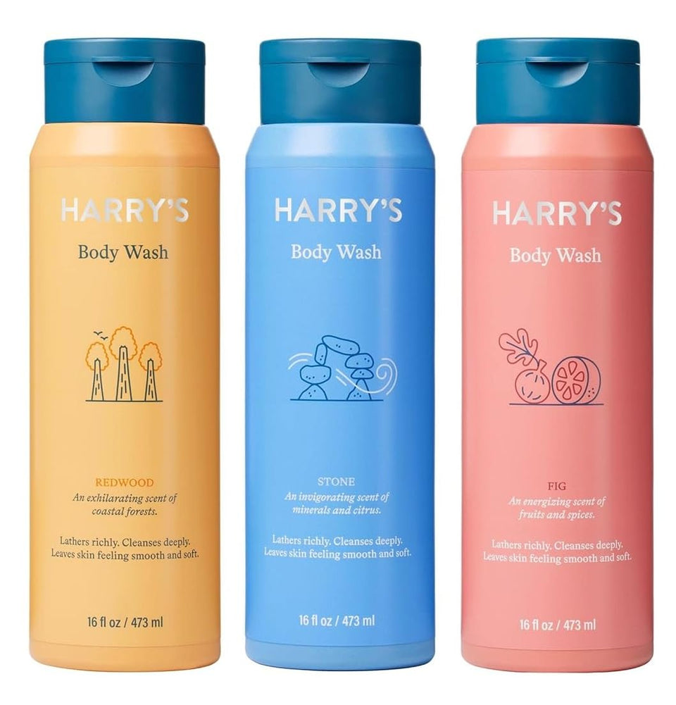Harry's body wash front packaging showing Stone Fig Redwood trio and clear labels, easy selection