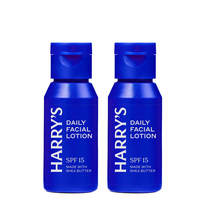 Harry's front view of two-pack bottles showing compact travel convenience and protection