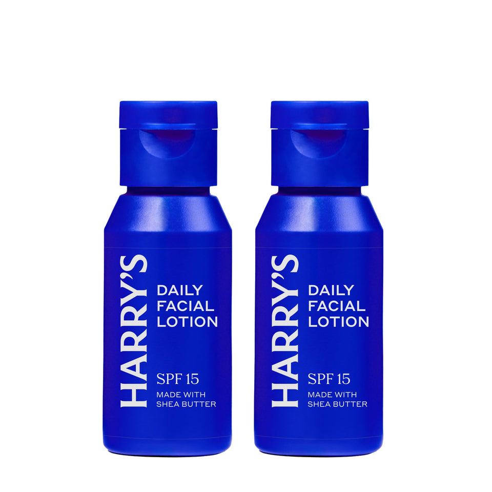 Harry's front view of two-pack bottles showing compact travel convenience and protection